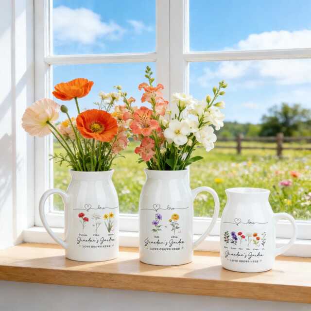 Personalized Grandma's Garden Vase, Birth Flower Gift For Mom Nana, Mothers Day From Kids Grandkids, Ceramic Vase - image 1