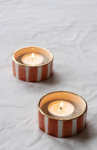 Handmade Striped Terracotta Tea Light Holder With Gold Rim - Set Of Two - image 1