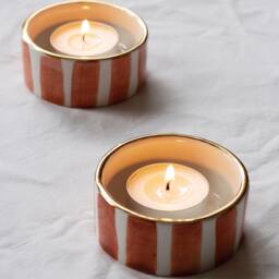 Handmade Striped Terracotta Tea Light Holder With Gold Rim - Set Of Two - thumbnail 2