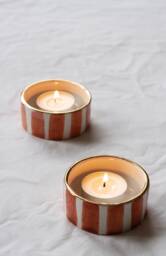 Handmade Striped Terracotta Tea Light Holder With Gold Rim - Set Of Two