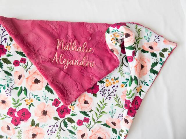 Josie Floral Personalized Baby Blanket, Minky Blanket With Name, Pink Gift - image 1