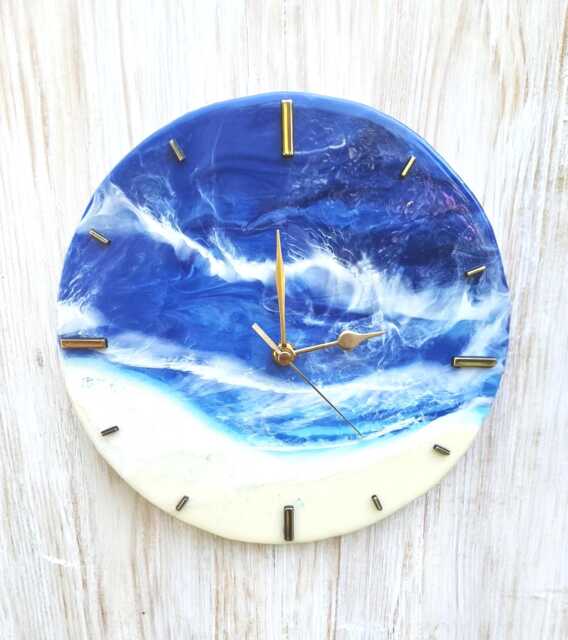 Resin Ocean Waves Wall Clock Beach Wave Art, Gold Digits - 24cm Available Now - image 1