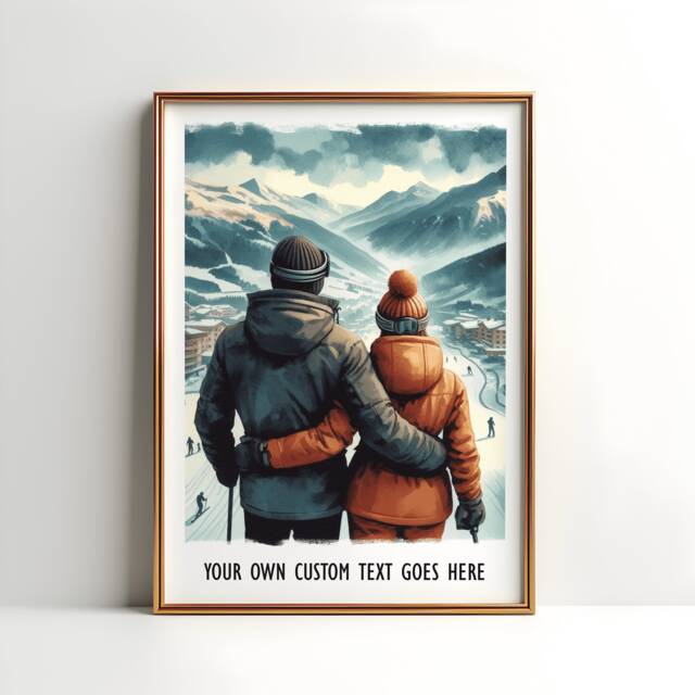 Personalised Ski Couple Print - Custom Poster - Family Wall Art Skiing Gift Of 3 Snowboard Artwork Decor - image 1