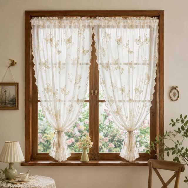 French Lace Sheer Curtains, Embroidered Floral Door Curtain Divider, Boho Caf?? Valance Drapes - image 1