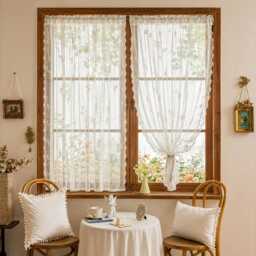French Lace Sheer Curtains, Embroidered Floral Door Curtain Divider, Boho Caf?? Valance Drapes - thumbnail 3