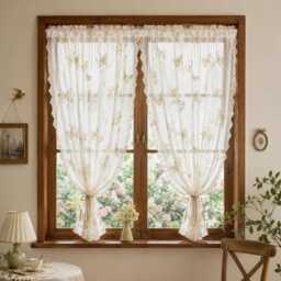 French Lace Sheer Curtains, Embroidered Floral Door Curtain Divider, Boho Caf?? Valance Drapes - thumbnail 1