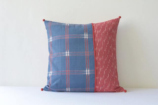 Blue & Red Woven Ikat Pillow Cover, Graphic Pattern, 16 Inch - image 1