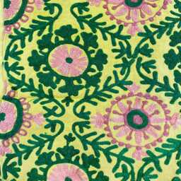 Wool Embroidery Suzani Exclusive Artisinal Handmade Stitch Elegant Sofa Bed Cotton Wall Decor Throw - Musted Green Peach Colours - thumbnail 2