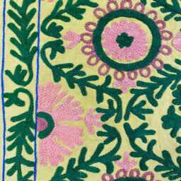 Wool Embroidery Suzani Exclusive Artisinal Handmade Stitch Elegant Sofa Bed Cotton Wall Decor Throw - Musted Green Peach Colours - thumbnail 3