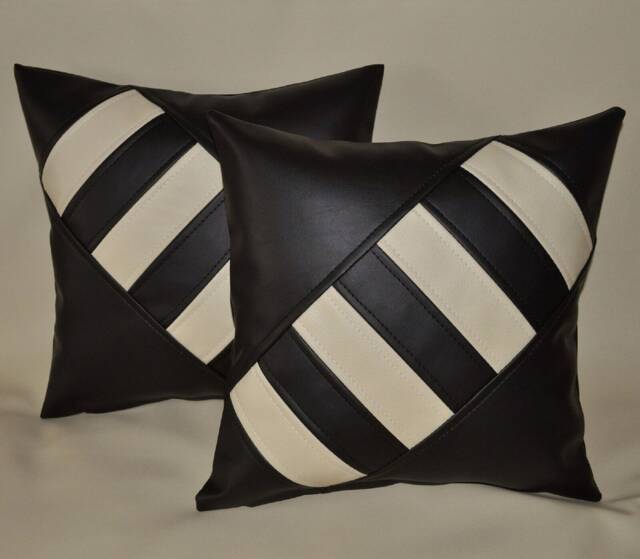 "2 Black & Cream Faux Leather Cushions Diagonal Cross 16"" 18" - image 1