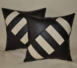 "2 Black & Cream Faux Leather Cushions Diagonal Cross 16"" 18"