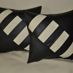 "2 Black & Cream Faux Leather Cushions Diagonal Cross 16"" 18" - thumbnail 3