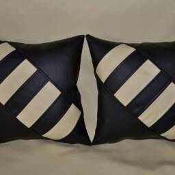 "2 Black & Cream Faux Leather Cushions Diagonal Cross 16"" 18" - thumbnail 2