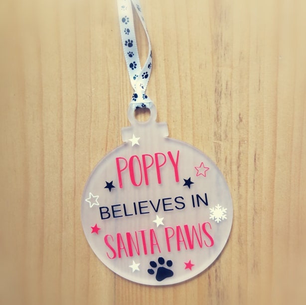Personalised Pet Believes in Santa Paws Acrylic Hanging Decoration-Christmas-Gift-For The Tree-Choice Of Colours-Name-xmas-Dog-Cat-Pet - image 1