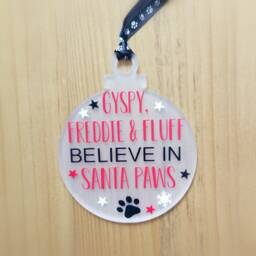 Personalised Pet Believes in Santa Paws Acrylic Hanging Decoration-Christmas-Gift-For The Tree-Choice Of Colours-Name-xmas-Dog-Cat-Pet - thumbnail 2