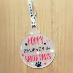 Personalised Pet Believes in Santa Paws Acrylic Hanging Decoration-Christmas-Gift-For The Tree-Choice Of Colours-Name-xmas-Dog-Cat-Pet - thumbnail 1
