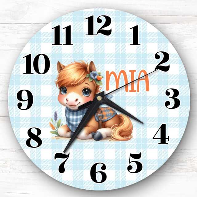 Blue Cute Horse Personalised Gift For Kid's Bedroom Clock - Kids Clock, Children's Decor, Custom Wall - image 1