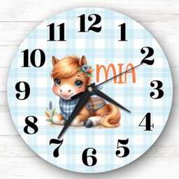 Blue Cute Horse Personalised Gift For Kid's Bedroom Clock - Kids Clock, Children's Decor, Custom Wall