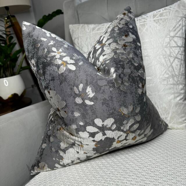 Modern Floral Cushion Cover, Pillow Cover - Double Sided Designer Fabric Steel Grey Bronze/Gold Design Elegant Flowers - image 1