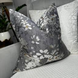 Modern Floral Cushion Cover, Pillow Cover - Double Sided Designer Fabric Steel Grey Bronze/Gold Design Elegant Flowers - thumbnail 1