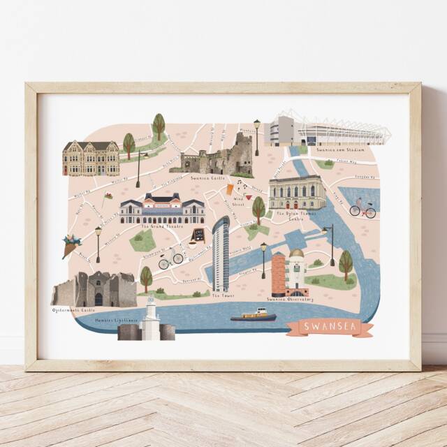 Swansea Map, Illustrated Map Of Swansea, Poster, Print, Art, Illustration, Gift, Travel - image 1