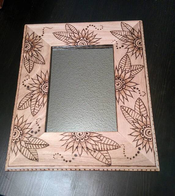 Hand Burned Wooden Mirror/Picture Frame, Flowers, Leaves, Dots, Swirls, Pyrography, Drawn, Made To Order, Henna Design, Bohemian, Hippie - image 1