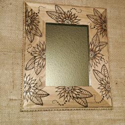 Hand Burned Wooden Mirror/Picture Frame, Flowers, Leaves, Dots, Swirls, Pyrography, Drawn, Made To Order, Henna Design, Bohemian, Hippie - thumbnail 3