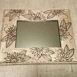Hand Burned Wooden Mirror/Picture Frame, Flowers, Leaves, Dots, Swirls, Pyrography, Drawn, Made To Order, Henna Design, Bohemian, Hippie - thumbnail 2