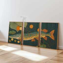 Pike Fish Wall Art Set Of 3 - Retro Aquatic Prints Teal & Gold Lake Artwork Modern Coastal Nature Decor For Living Room - thumbnail 1