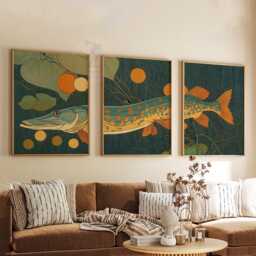 Pike Fish Wall Art Set Of 3 - Retro Aquatic Prints Teal & Gold Lake Artwork Modern Coastal Nature Decor For Living Room - thumbnail 3