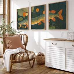 Pike Fish Wall Art Set Of 3 - Retro Aquatic Prints Teal & Gold Lake Artwork Modern Coastal Nature Decor For Living Room - thumbnail 2