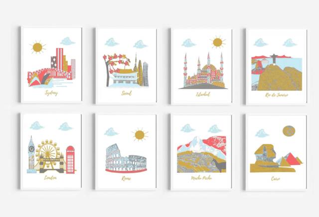 Travel Nursery Art - London, Seoul, Machu Picchu, Sydney, Rome - Gold, Blue, Red - image 1