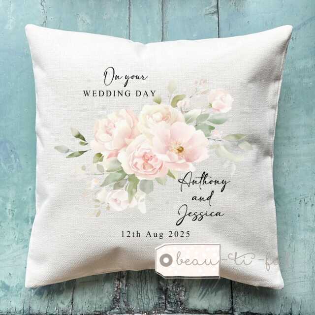 Personalised Wedding Gift Just Married Mr Mrs Home Newlyweds Bride & Groom Purple Lavender Foliage Greenery Linen Style Cushion Cover