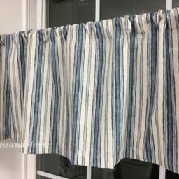 Farmhouse Valances Cafe Curtains Farmhouse Decor Kitchen Valance Gray Neutral Beige Navy Blue Muted Blues Valance Curtain - thumbnail 2