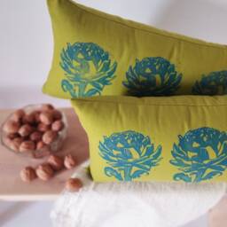 Artichoke Print Lumbar Cushion Botanical Pillow, Blue Hand Block - 12x20 In, Olive Cotton Canvas, Modern Farmhouse - thumbnail 2