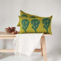 Artichoke Print Lumbar Cushion Botanical Pillow, Blue Hand Block - 12x20 In, Olive Cotton Canvas, Modern Farmhouse - thumbnail 4