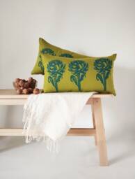 Artichoke Print Lumbar Cushion Botanical Pillow, Blue Hand Block - 12x20 In, Olive Cotton Canvas, Modern Farmhouse