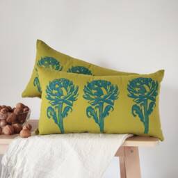 Artichoke Print Lumbar Cushion Botanical Pillow, Blue Hand Block - 12x20 In, Olive Cotton Canvas, Modern Farmhouse - thumbnail 3