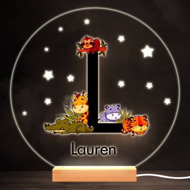 Sleeping Baby Safari Animals Letter L Round Personalised Gift Lamp Night Light - Bedroom - image 1