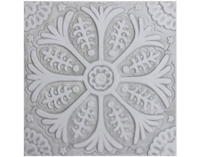 Hand-Painted Ceramic Tile Wall Hanging Floral Suzani Art, Grey & White - 30cm/11.8 - image 1