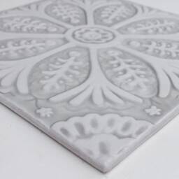Hand-Painted Ceramic Tile Wall Hanging Floral Suzani Art, Grey & White - 30cm/11.8 - thumbnail 2