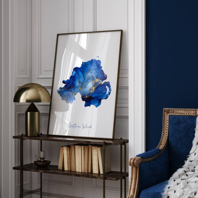 Northern Ireland Map Blue & Gold Wall Art Print - United Kingdom Great Britain - image 1