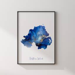 Northern Ireland Map Blue & Gold Wall Art Print - United Kingdom Great Britain - thumbnail 2