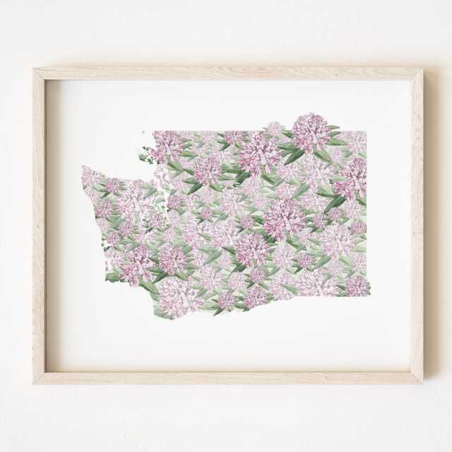 Washington State Flower Map Watercolor Coast Rhododendron - Art Print Wall Graduation Wedding Realtor Moving Floral Mothers Day Gift - image 1