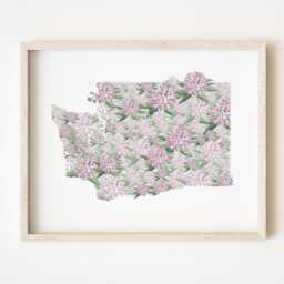Washington State Flower Map Watercolor Coast Rhododendron - Art Print Wall Graduation Wedding Realtor Moving Floral Mothers Day Gift - thumbnail 1