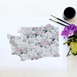 Washington State Flower Map Watercolor Coast Rhododendron - Art Print Wall Graduation Wedding Realtor Moving Floral Mothers Day Gift - thumbnail 3