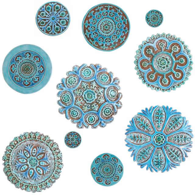 10 Suzani Ceramic Tiles Wall Art, Mix Sizes Carved Circles, Yard Outdoor Sculpture, Circle Circles Turquoise - image 1