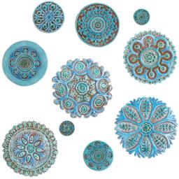 10 Suzani Ceramic Tiles Wall Art, Mix Sizes Carved Circles, Yard Outdoor Sculpture, Circle Circles Turquoise