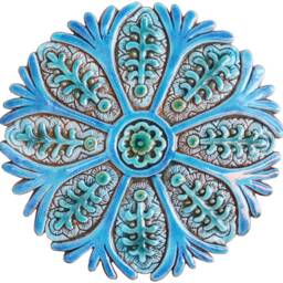 10 Suzani Ceramic Tiles Wall Art, Mix Sizes Carved Circles, Yard Outdoor Sculpture, Circle Circles Turquoise - thumbnail 2