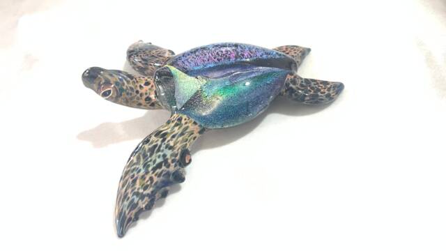 Blown Glass Sea Turtle Sculpture Ocean Dicroic Beach Or Desk Art - image 1